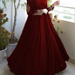Heavy Embroidered With Front And Back Pearls Attached Gown With Long Maxi Trouser 3Piece