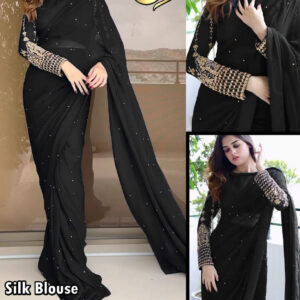 Silk Sleeves *Sequence Embroidery Blouse* With Pettycoat And Pearls Attached Sareee