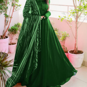 Allover Fully Embroidered Dupatta, With Handmade Button Kalli Work Long Flare Maxi 3Pcs