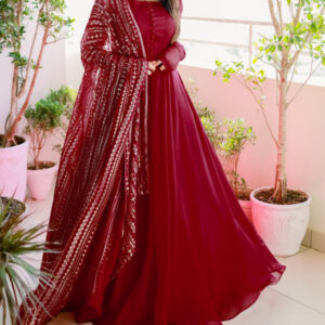 Allover Fully Embroidered Dupatta, With Handmade Button Kalli Work Long Flare Maxi 3Pcs (Copy)