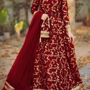 4 Piece Embroidered Top With Long Flare Embroidery Skirt And Four Side Border Embroidered Dupatta With Eidi Potli (Copy) (Copy)