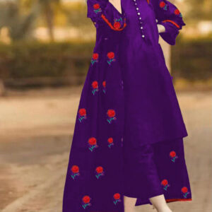 Front Rose Embroidery Gown with inner and Trouser 3PCs