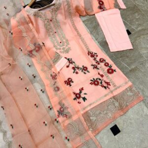 Neck, Sleeves And Daman Flower Embroidery With Pearls Attached On Shirt And Embroidered work Dupatta 3PCs