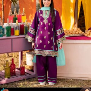Neck, Sleeves Border Embroidery With Kayawork Shirt And Emb Trouser With Plain Contrast Dupatta Kids 3Pcs