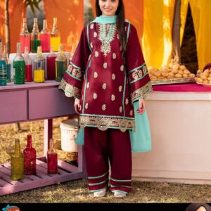 Neck, Sleeves Border Embroidery With Kayawork Shirt And Emb Trouser With Plain Contrast Dupatta Kids 3Pcs