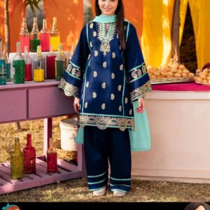 Neck, Sleeves Border Embroidery With Kayawork Shirt And Emb Trouser With Plain Contrast Dupatta Kids 3Pcs